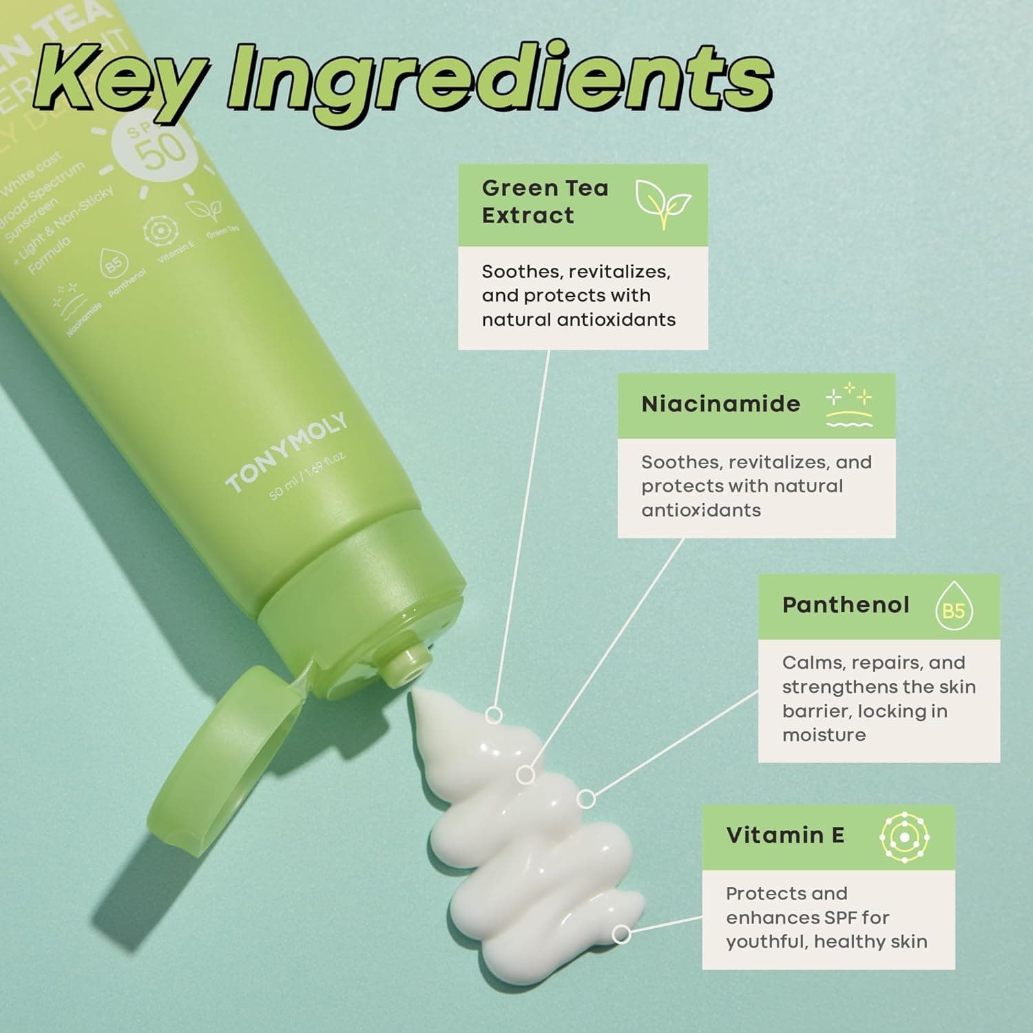 TONYMOLY Green Tea Korean Sunscreen SPF 50+ PA++++ — No White Cast – image 6